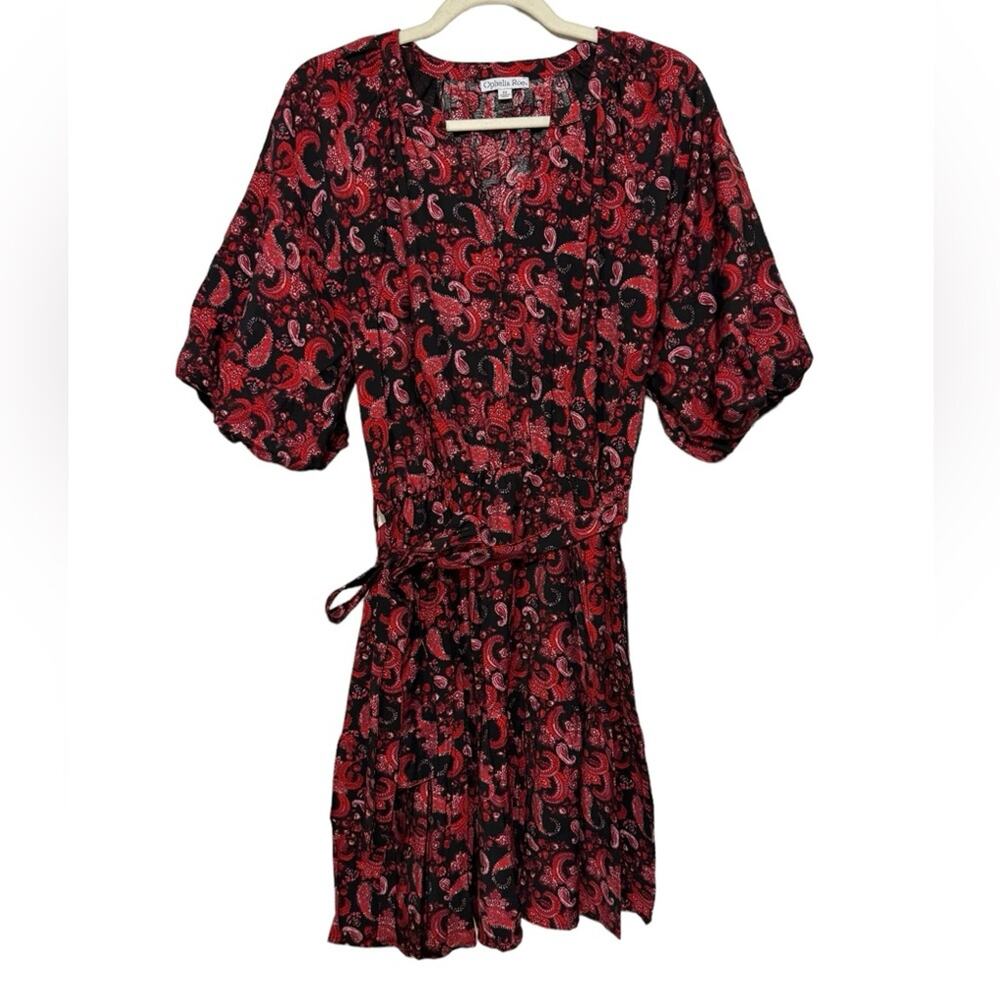 Ophelia Roe Black Red Floral Paisley Dark Romantic Puff Sleeve Dress Medium